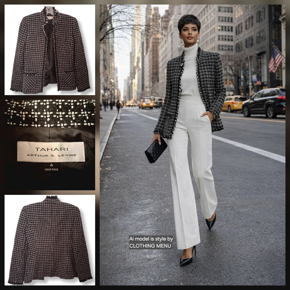 TAHARI Arthur S Levine Tweed Frayed Open Blazer in Black and White Women Size 4